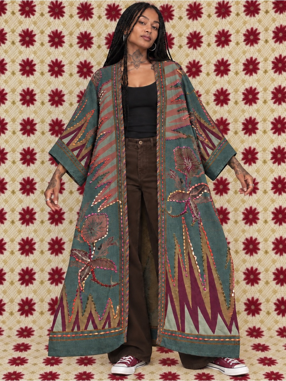 Bohemian Floral Embroidered Long Kimono Cardigan - One Size